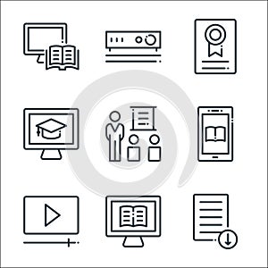 Online learning line icons. linear set. quality vector line set such as file download, online learning, play video, ebook,