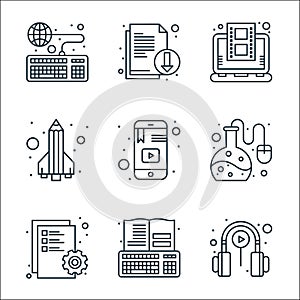 online learning line icons. linear set. quality vector line set such as headphone, document, flask, smartphone, launch, video