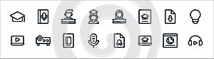 Online learning line icons. linear set. quality vector line set such as headphone, laptop, microphone, video tutorial, download,