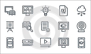 Online learning line icons. linear set. quality vector line set such as online education, play video, ebook, online learning,