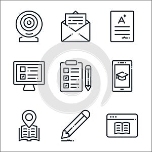 Online learning line icons. linear set. quality vector line set such as online learning, pencil, location, online education, test