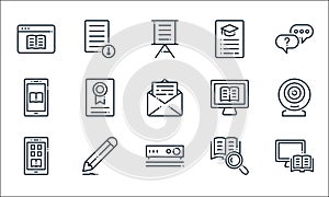 Online learning line icons. linear set. quality vector line set such as online learning, projector, mobile app, search, pencil,