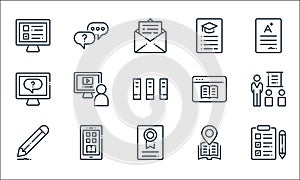 Online learning line icons. linear set. quality vector line set such as test, certificate, pencil, location, mobile app, chat,