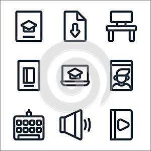 Online learning line icons. linear set. quality vector line set such as tutorial, speaker, keyboard, video call, laptop, ebook,