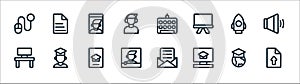 Online learning line icons. linear set. quality vector line set such as upload, computer, streaming, desktop, rocket, video call,