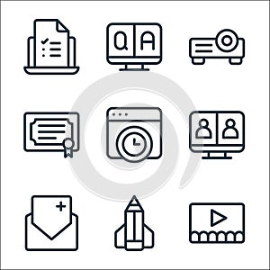 Online learning line icons. linear set. quality vector line set such as video, pencil, score, video call, time, diploma, projector