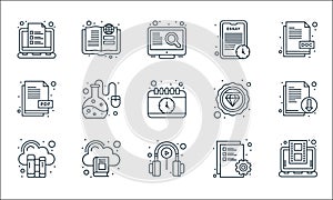 online learning line icons. linear set. quality vector line set such as video tutorial, headphone, digital library, document,