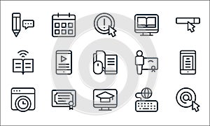 Online learning line icons. linear set. quality vector line set such as arroba, online learning, time, keyboard, diploma, ebook, photo