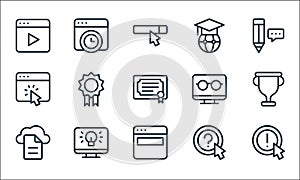 Online learning line icons. linear set. quality vector line set such as information, website, cloud, question, computer, cursor,