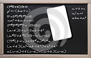 . Online learning, math classes. Tablet on the background of a class board with written mathematical formulas