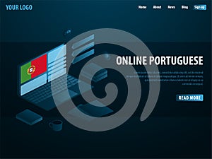 Online Learning Portuguese. Education concept, Online training, specialization, university studies. Isometric vector illustration.