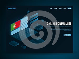 Online Learning Portuguese. Education concept, Online training, specialization, university studies. Isometric vector illustration.