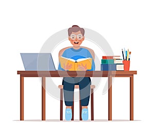 Online learning. Primary school boy pupil sit at desk. Knowledge, creativity, discoveries. Online courses of preschool education,