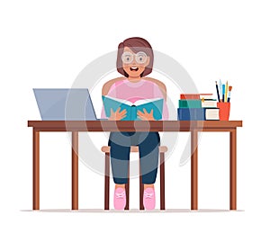 Online learning. Primary school girl pupil sit at desk. Knowledge, creativity, discoveries. Online courses of preschool education
