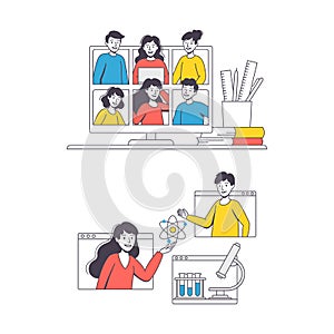 Online Learning with Student and Teacher Engaged in Virtual Classes Outline Vector Set