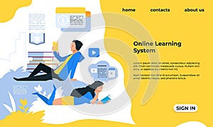 Online learning system landing page. Website for distance education. Web interface template. Man and woman study and