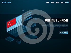 Online Learning Turkish. Education concept, Online training, specialization, university studies. Isometric vector illustration.