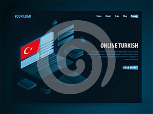 Online Learning Turkish. Education concept, Online training, specialization, university studies. Isometric vector illustration.