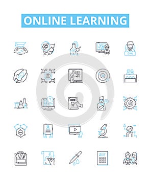 Online learning vector line icons set. eLearning, virtual, remote, digital, online, courses, tutoring illustration