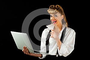 Online Learning. Woman using a computer to learn by internet at home. Business woman executive researching. Coronavirus