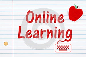 Online Learning words and with a red apple on lined paper