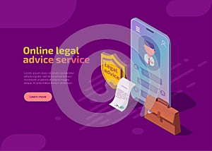 Online legal advice service isometric landing page