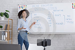 Online lesson for students. Smiling girl points at blackboard and teaches english at webcam