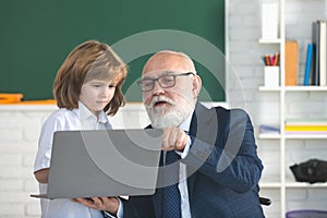 Online lessons. School teacher help to learn. Schoolboy learning in classroom. Education, teachering. Pupil kid lesson.