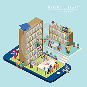 Online library concept 3d isometric infographic