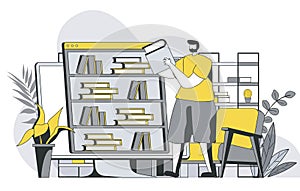 Online library concept with outline people scene.