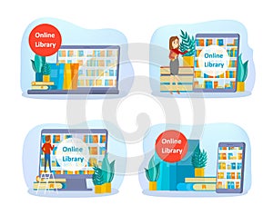 Online library concept set. Using phone for learning