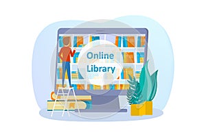 Online library concept set. Using phone for learning
