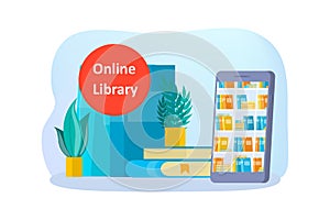 Online library concept. Using phone for learning