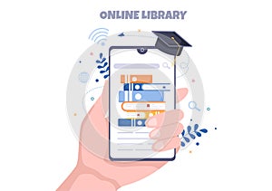 Online Library Digital Education Background with Distance Learning, Recorded Classes, Video Tutorial to Gain Knowledge