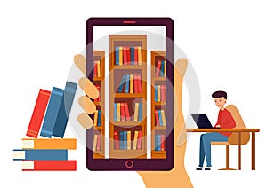 Online library with e-books. Hand holding a mobile or tablet with bookshelves inside.