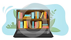 Online Library, E learning, Self Education Concept. Bookshelves With Books On The Laptop Screen. Abstract Background