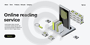 Online library or ebook concept vector illustration in isometric design. Internet education or distance training and learning