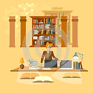 Online library education concept bookcases librarian photo