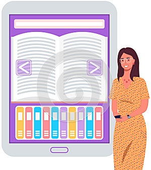 Online library, electronic book storage. Woman using educational website for reading literature