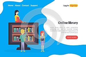 Online Library Electronic Landing Page Template, Internet Bookstore, Computer with Bookshelves on the Screen Flat Vector