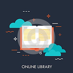 Online library, flat design thin line banner, can be used for e-mail newsletter, web banners, headers, blog posts, print and more.