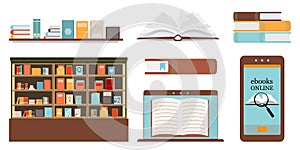 Online library icon set on white background