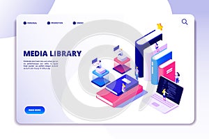 Online library landing page. Students in bibliotheque, academic books. Ebook reading technology education vector