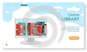 Online library. Landing page for website books store learning digital study read ebook catalog education files vector