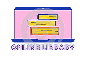 Online library. Monitor with Stack of Books and text. Learning, reading, studying. Internet e-books. Retro style.