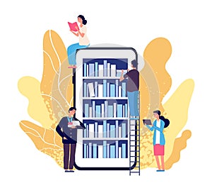 Online library. People reading books. Vector smartphone with reader app. Online book store, library and education flat