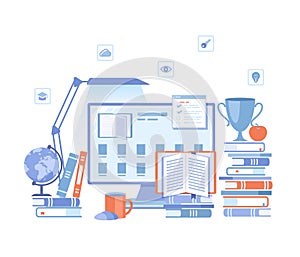 Online Library Reading E-learning Shop. Monitor with electronic open book, archive, ebook list, stack of books, table lamp. Vector