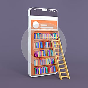 Online library. Smartphone turned into Internet library. Concept of mobile education and e-library. Isometric media book