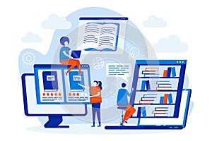 Online library web design concept with people characters. Students reading e-books scene. Distance education composition in flat