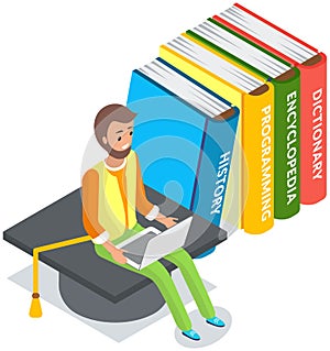 Online library. Young man sitting near stack of large books and using tablet pc studying in internet